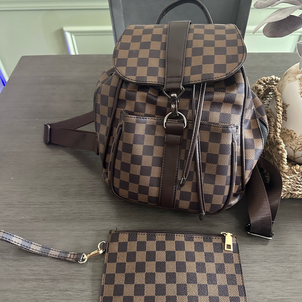 Brown Checkered Backpack and Pouch
